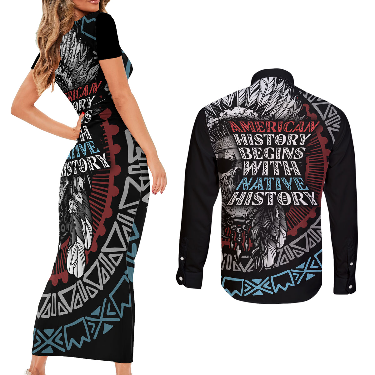 Native American Skull Couples Matching Short Sleeve Bodycon Dress and Long Sleeve Button Shirts American History Begins With Native History - Wonder Print Shop