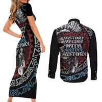 Native American Skull Couples Matching Short Sleeve Bodycon Dress and Long Sleeve Button Shirts American History Begins With Native History - Wonder Print Shop