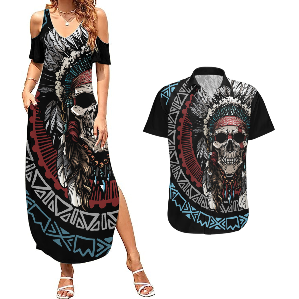 Native American Skull Couples Matching Summer Maxi Dress and Hawaiian Shirt American History Begins With Native History - Wonder Print Shop