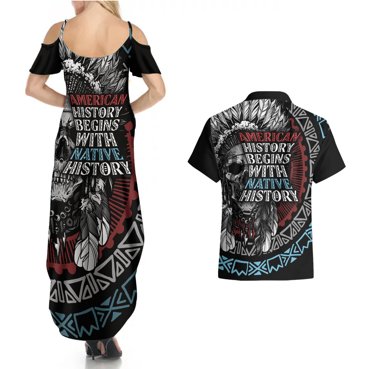 Native American Skull Couples Matching Summer Maxi Dress and Hawaiian Shirt American History Begins With Native History - Wonder Print Shop