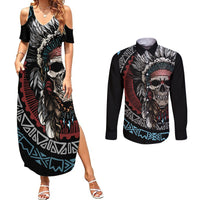 Native American Skull Couples Matching Summer Maxi Dress and Long Sleeve Button Shirts American History Begins With Native History - Wonder Print Shop