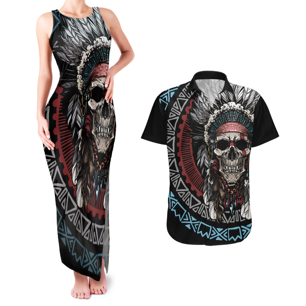 Native American Skull Couples Matching Tank Maxi Dress and Hawaiian Shirt American History Begins With Native History - Wonder Print Shop