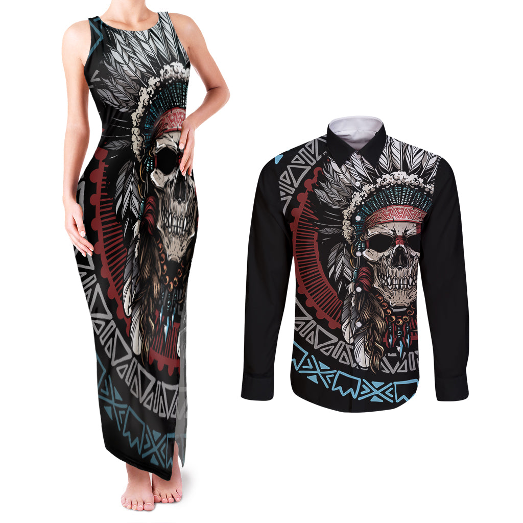 Native American Skull Couples Matching Tank Maxi Dress and Long Sleeve Button Shirts American History Begins With Native History - Wonder Print Shop