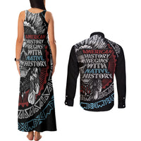 Native American Skull Couples Matching Tank Maxi Dress and Long Sleeve Button Shirts American History Begins With Native History - Wonder Print Shop