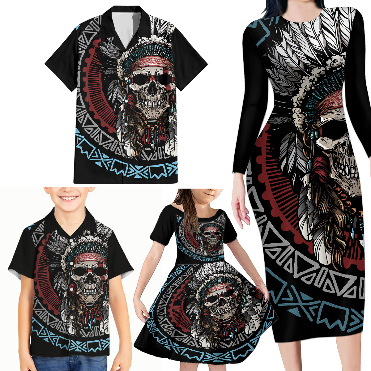 Native American Skull Family Matching Long Sleeve Bodycon Dress and Hawaiian Shirt American History Begins With Native History - Wonder Print Shop