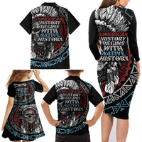Native American Skull Family Matching Long Sleeve Bodycon Dress and Hawaiian Shirt American History Begins With Native History - Wonder Print Shop
