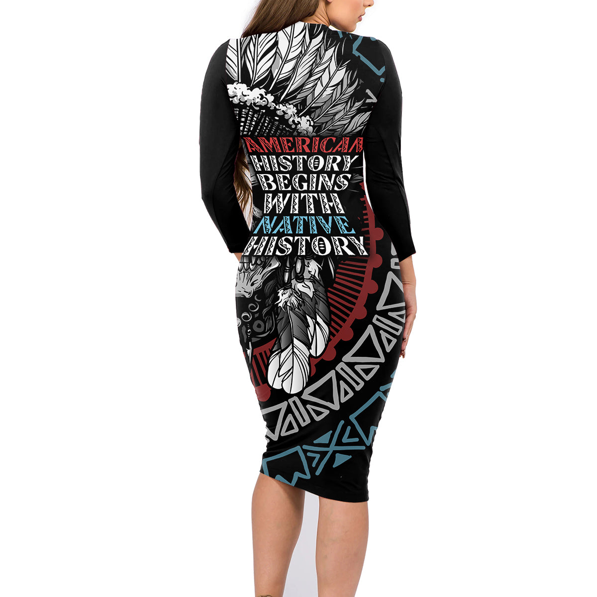 Native American Skull Family Matching Long Sleeve Bodycon Dress and Hawaiian Shirt American History Begins With Native History - Wonder Print Shop