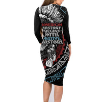 Native American Skull Family Matching Long Sleeve Bodycon Dress and Hawaiian Shirt American History Begins With Native History - Wonder Print Shop