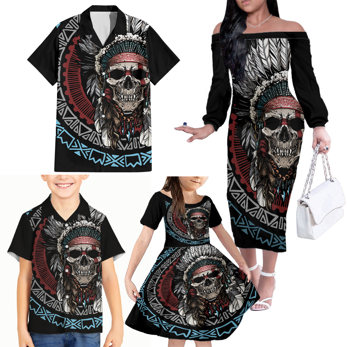 Native American Skull Family Matching Off Shoulder Long Sleeve Dress and Hawaiian Shirt American History Begins With Native History - Wonder Print Shop
