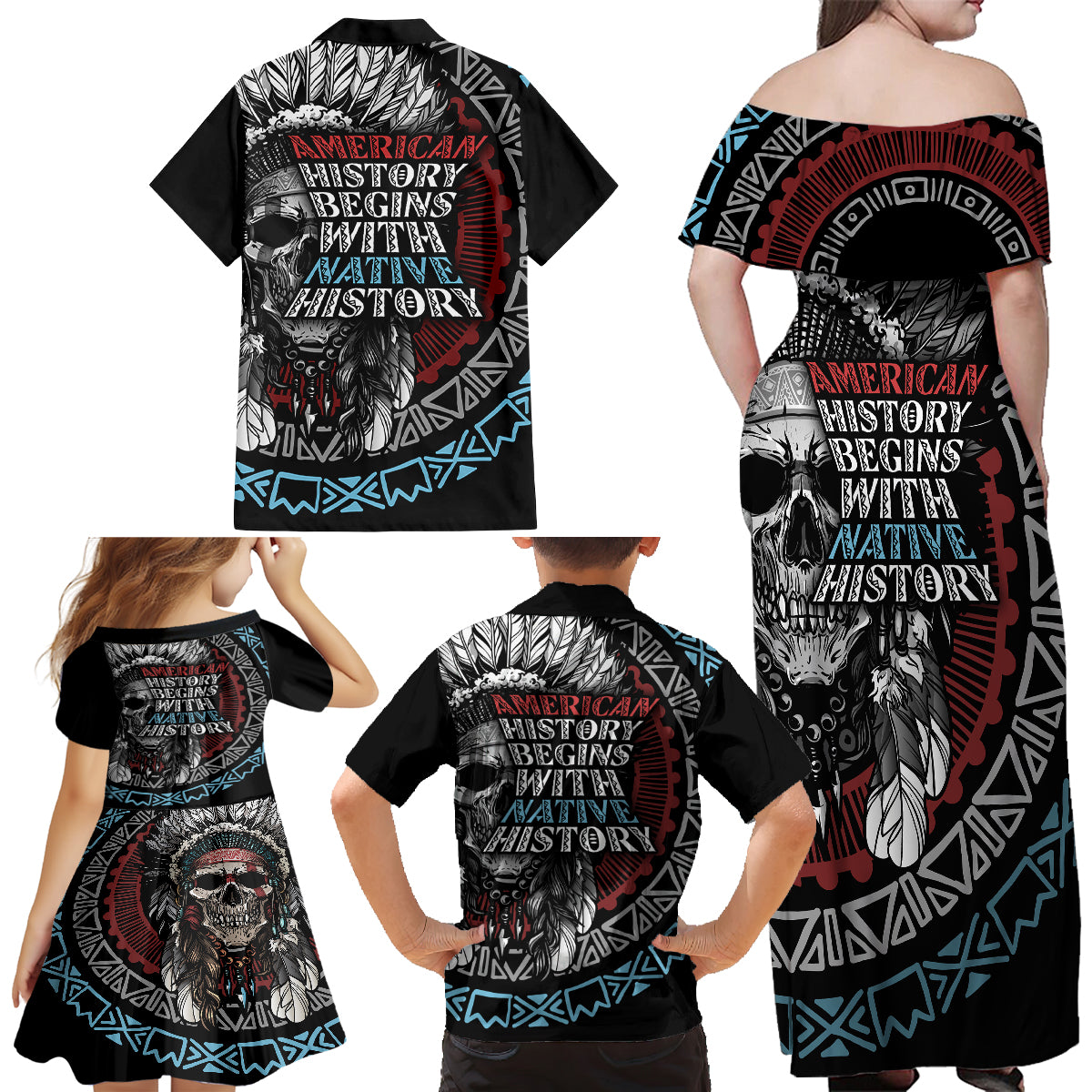 Native American Skull Family Matching Off Shoulder Long Sleeve Dress and Hawaiian Shirt American History Begins With Native History - Wonder Print Shop