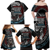 Native American Skull Family Matching Off Shoulder Long Sleeve Dress and Hawaiian Shirt American History Begins With Native History - Wonder Print Shop