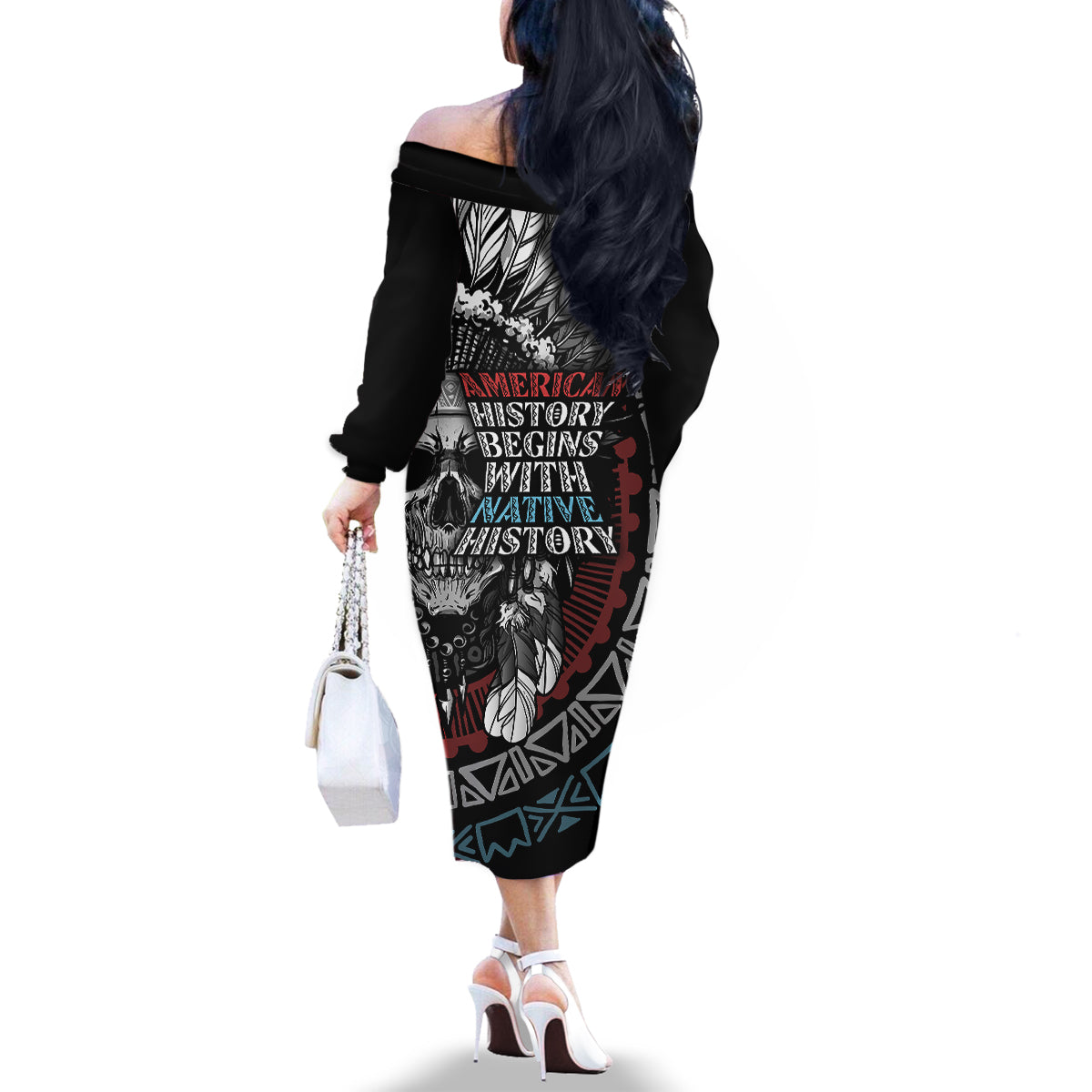 Native American Skull Family Matching Off Shoulder Long Sleeve Dress and Hawaiian Shirt American History Begins With Native History - Wonder Print Shop