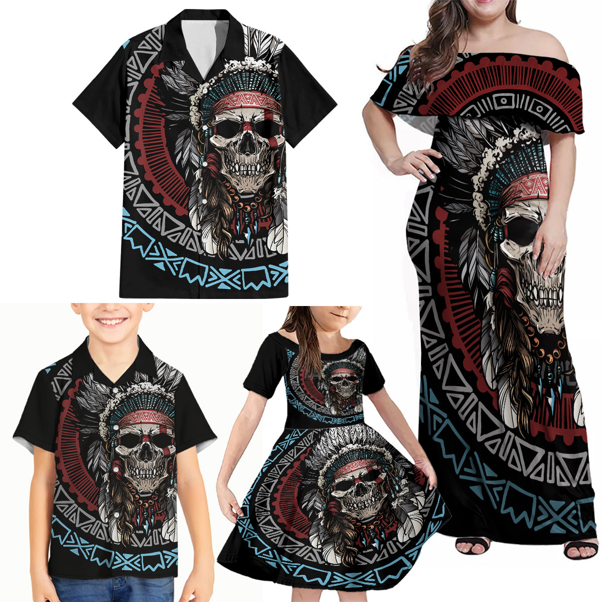 Native American Skull Family Matching Off Shoulder Maxi Dress and Hawaiian Shirt American History Begins With Native History - Wonder Print Shop
