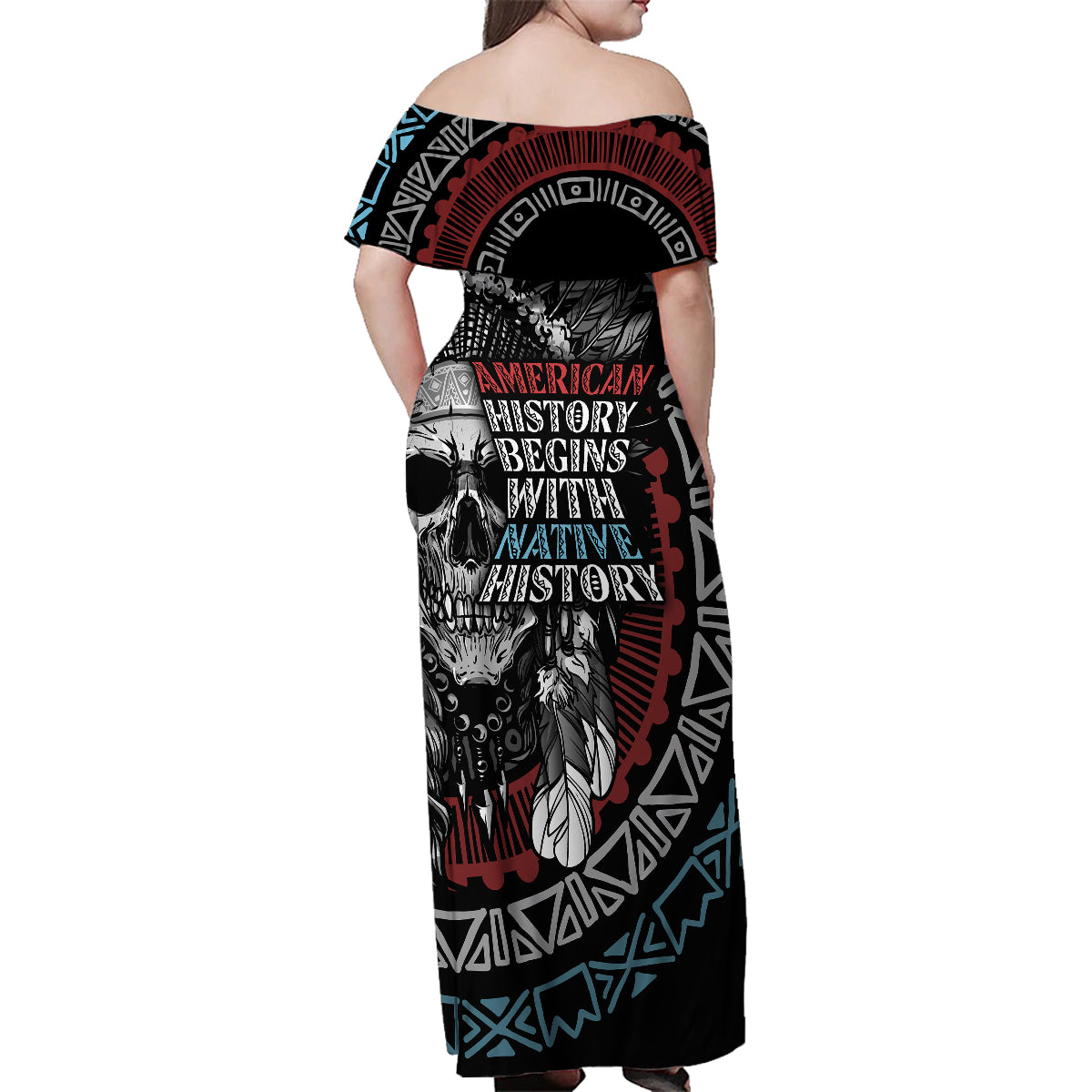 Native American Skull Family Matching Off Shoulder Maxi Dress and Hawaiian Shirt American History Begins With Native History - Wonder Print Shop