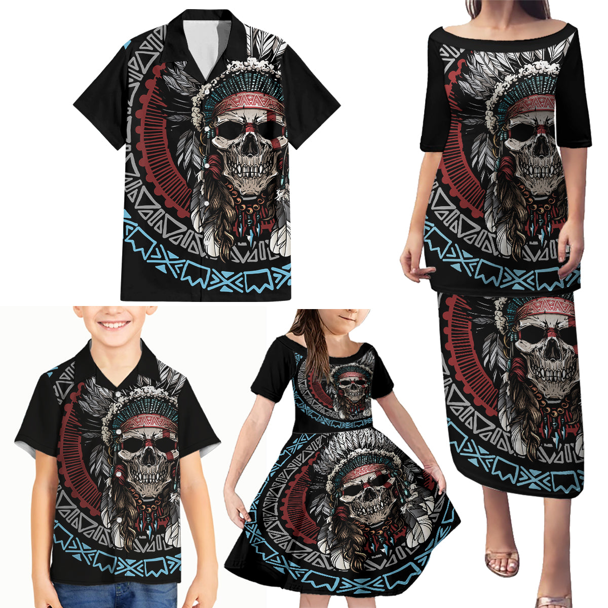 Native American Skull Family Matching Puletasi Dress and Hawaiian Shirt American History Begins With Native History - Wonder Print Shop