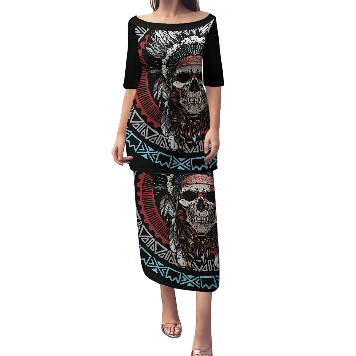 Native American Skull Family Matching Puletasi Dress and Hawaiian Shirt American History Begins With Native History - Wonder Print Shop