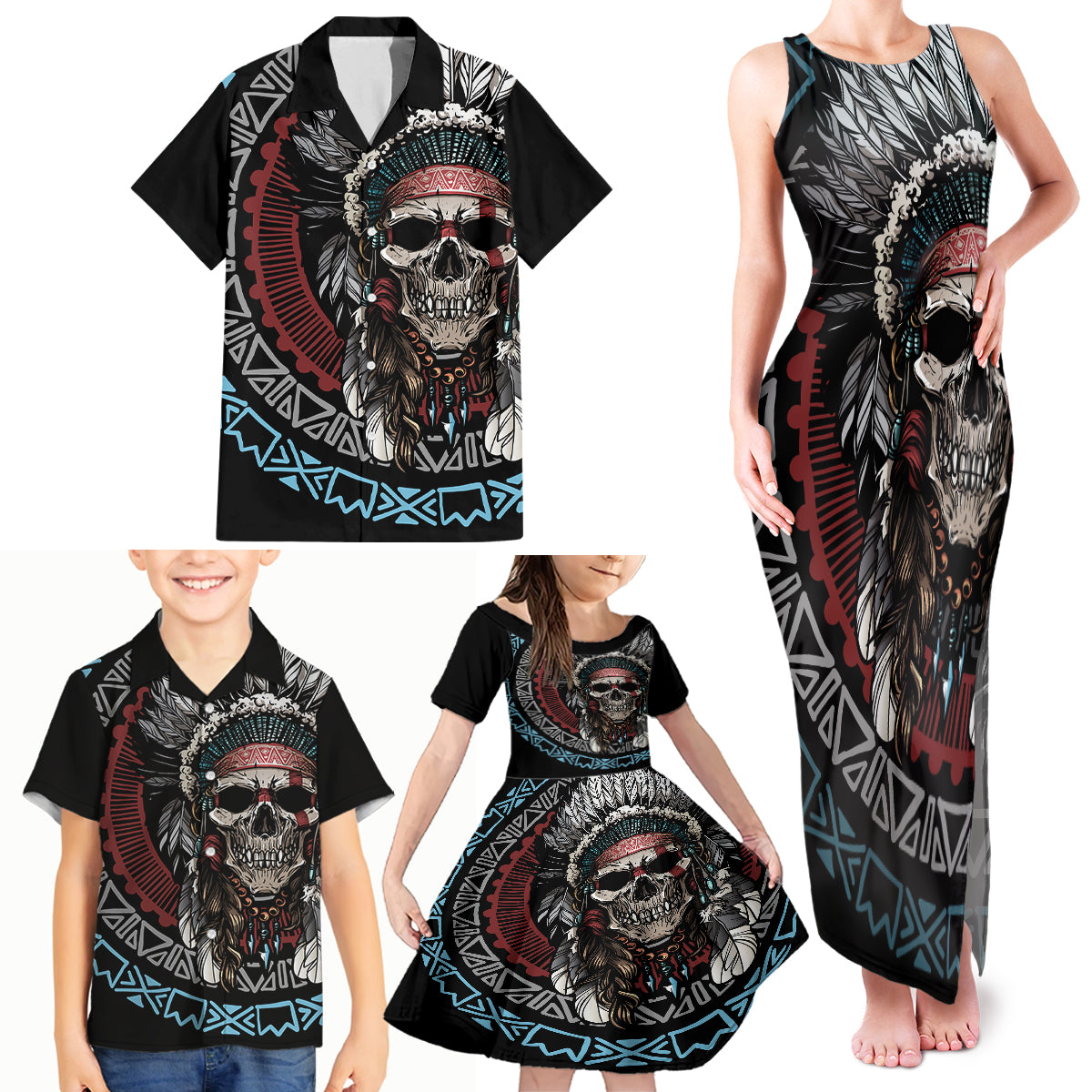 Native American Skull Family Matching Tank Maxi Dress and Hawaiian Shirt American History Begins With Native History - Wonder Print Shop