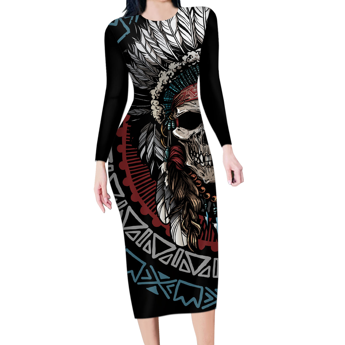 Native American Skull Long Sleeve Bodycon Dress American History Begins With Native History - Wonder Print Shop