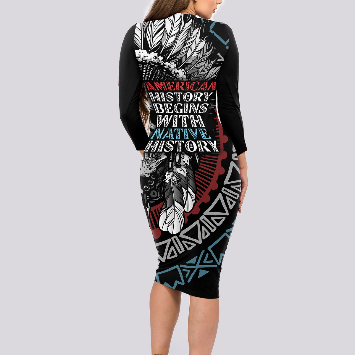 Native American Skull Long Sleeve Bodycon Dress American History Begins With Native History - Wonder Print Shop