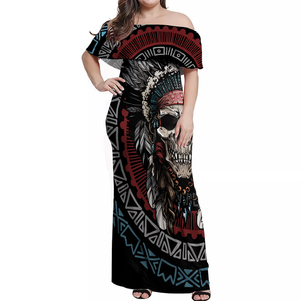 Native American Skull Off Shoulder Maxi Dress American History Begins With Native History - Wonder Print Shop