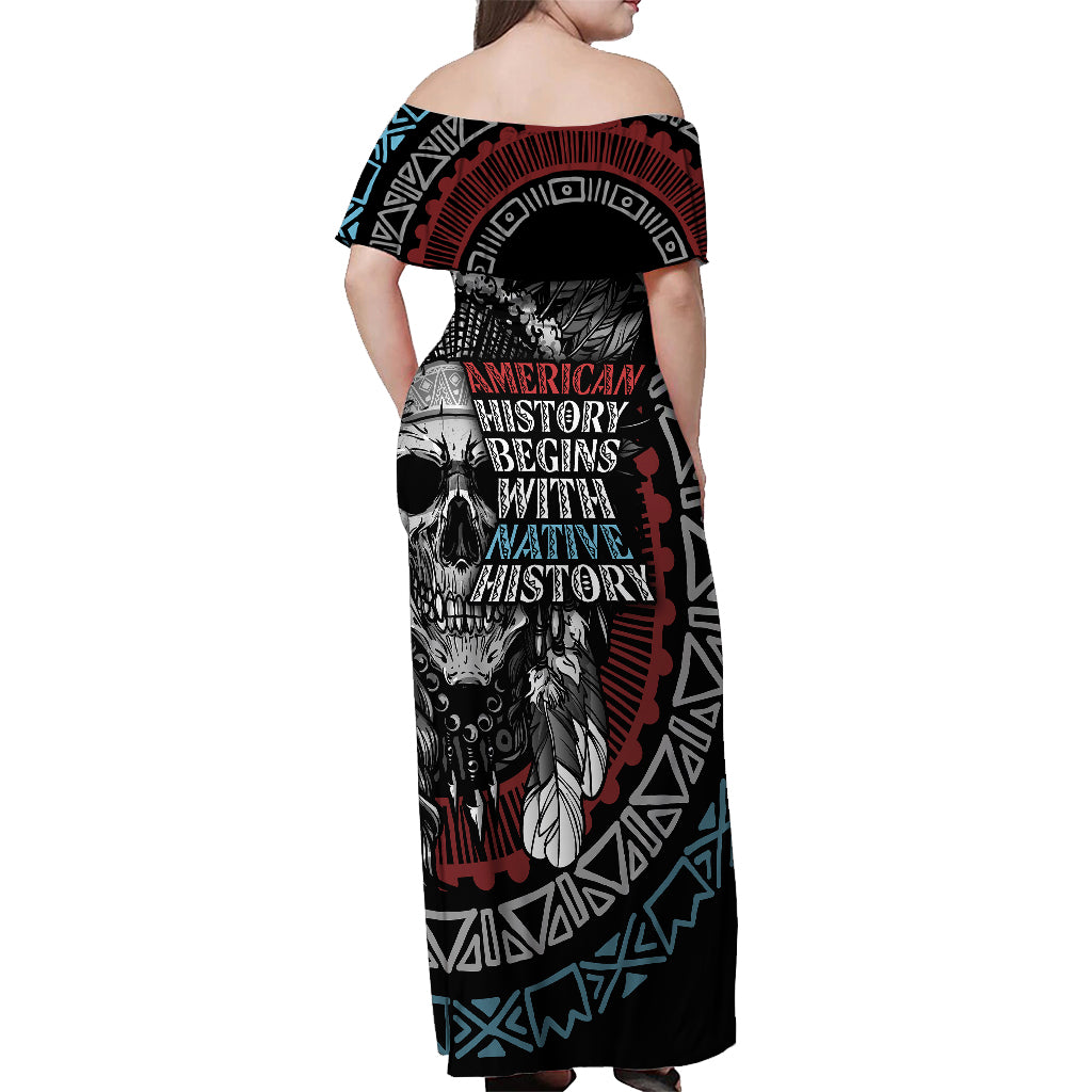 Native American Skull Off Shoulder Maxi Dress American History Begins With Native History - Wonder Print Shop
