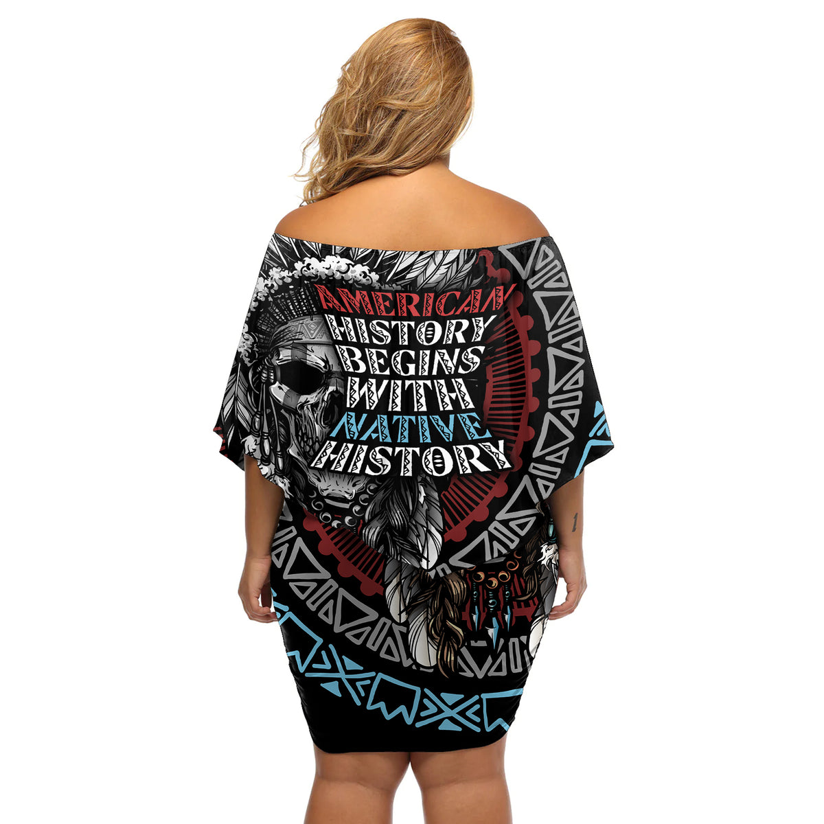 Native American Skull Off Shoulder Short Dress American History Begins With Native History - Wonder Print Shop