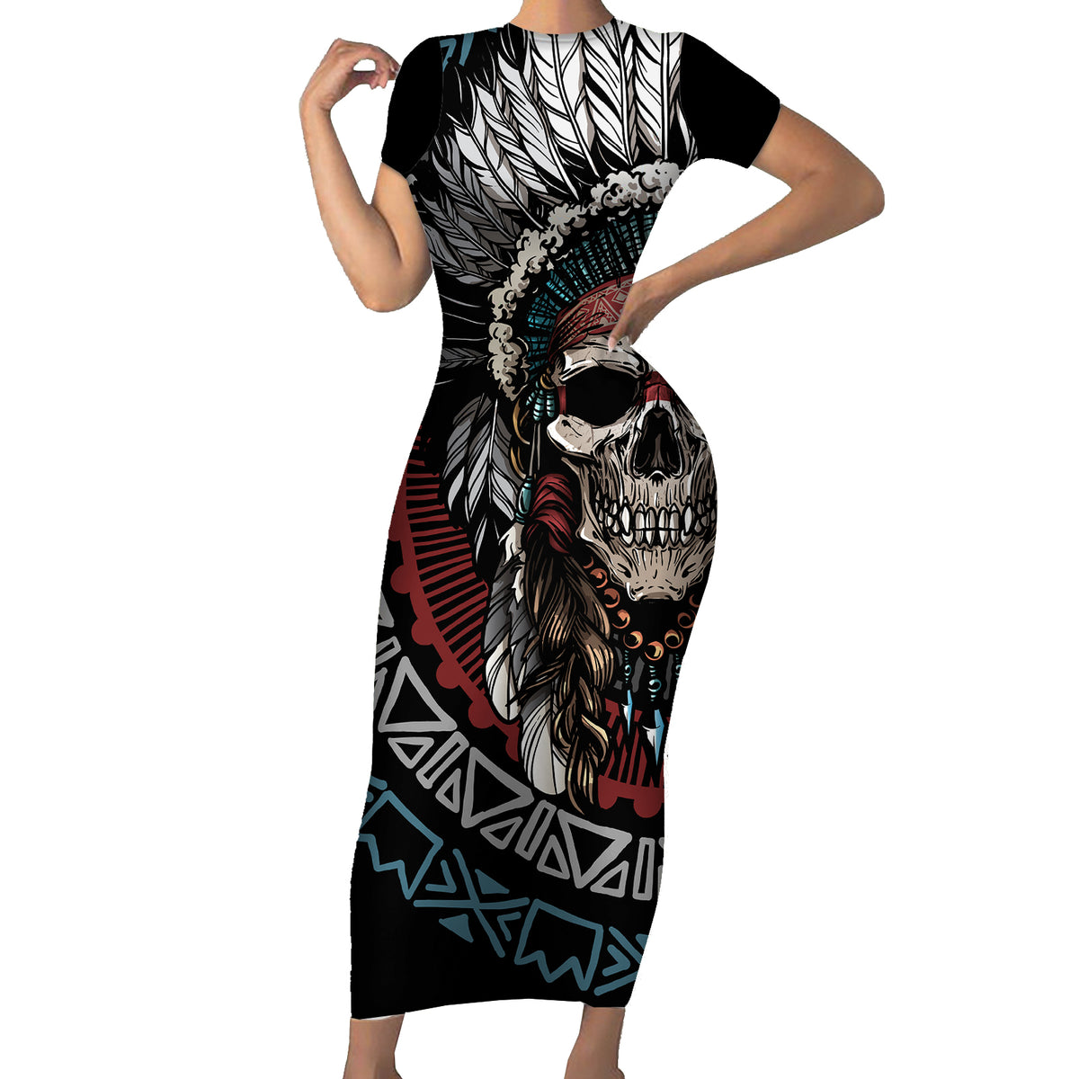 Native American Skull Short Sleeve Bodycon Dress American History Begins With Native History - Wonder Print Shop
