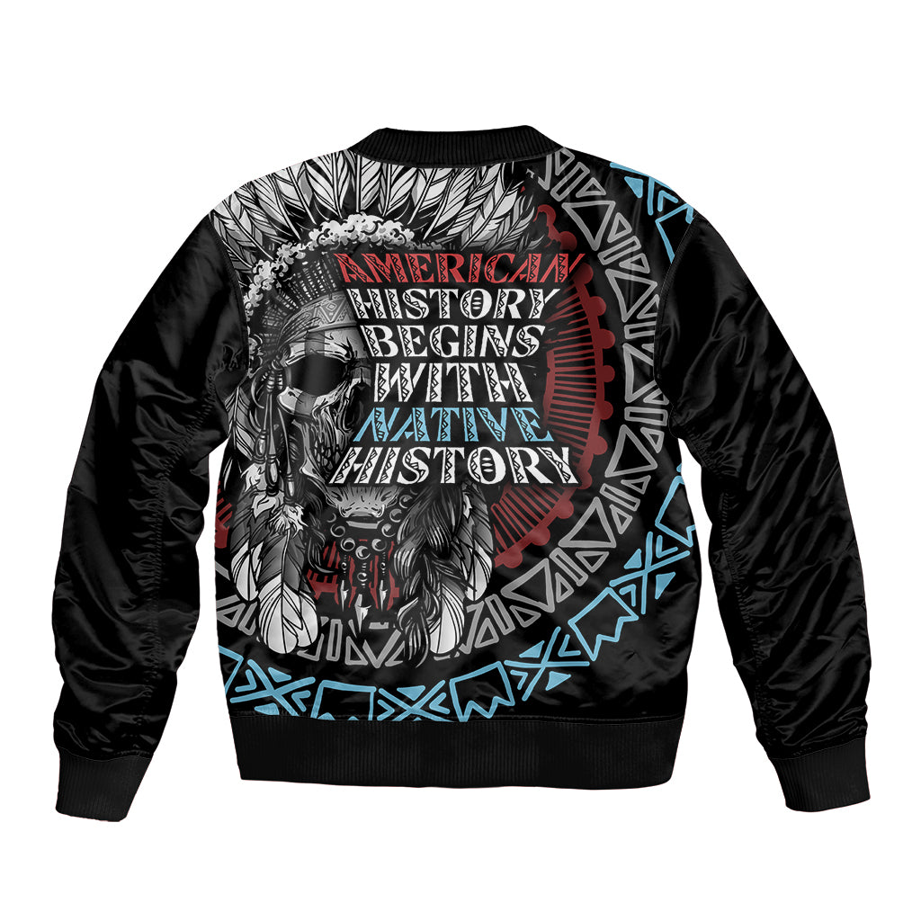 Native American Skull Sleeve Zip Bomber Jacket American History Begins With Native History - Wonder Print Shop