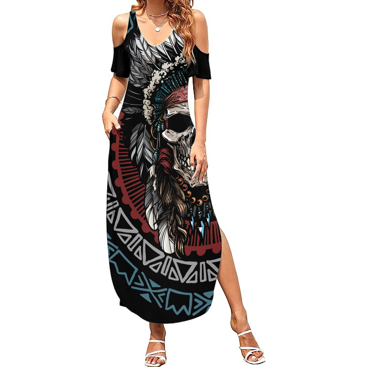 Native American Skull Summer Maxi Dress American History Begins With Native History - Wonder Print Shop