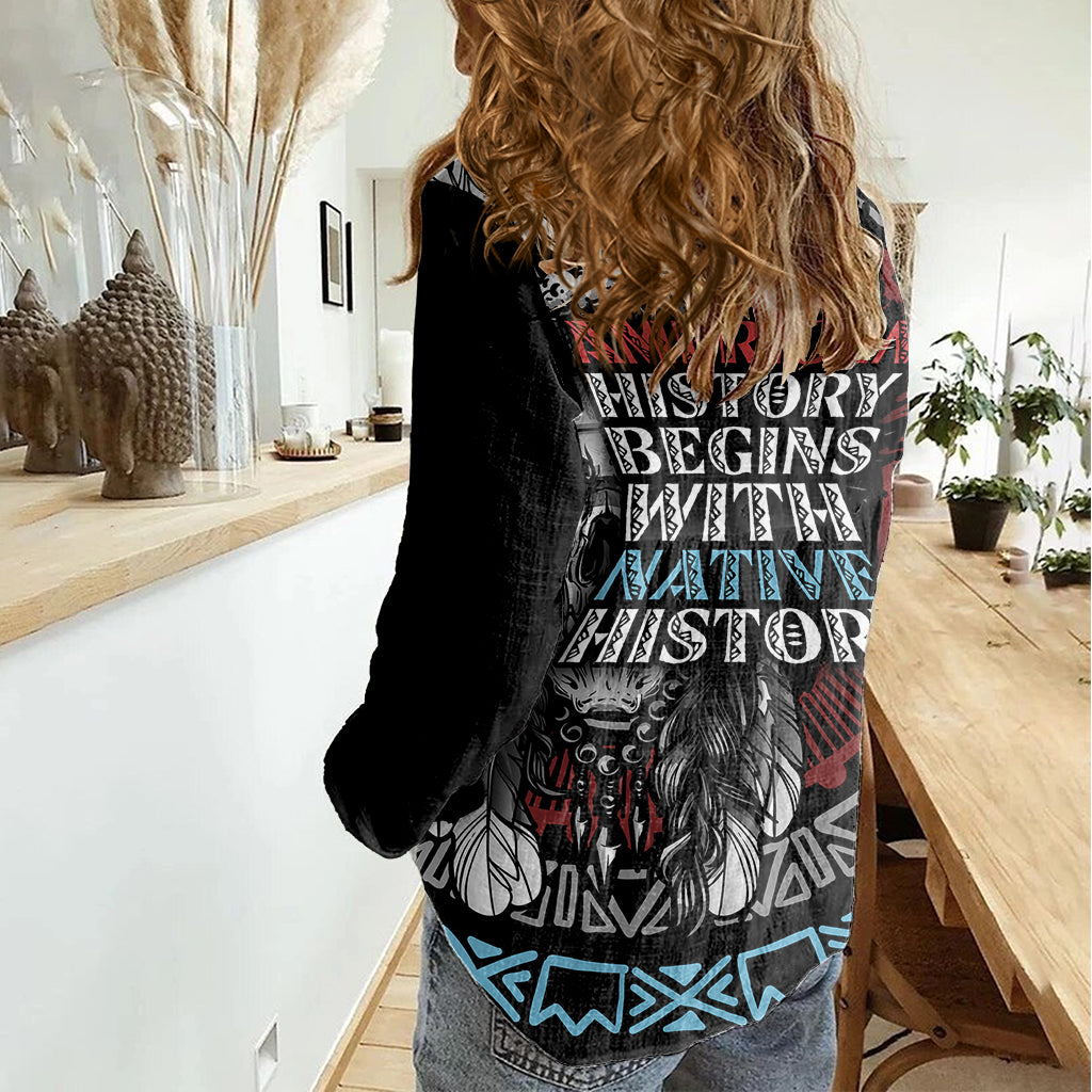Native American Skull Women Casual Shirt American History Begins With Native History - Wonder Print Shop