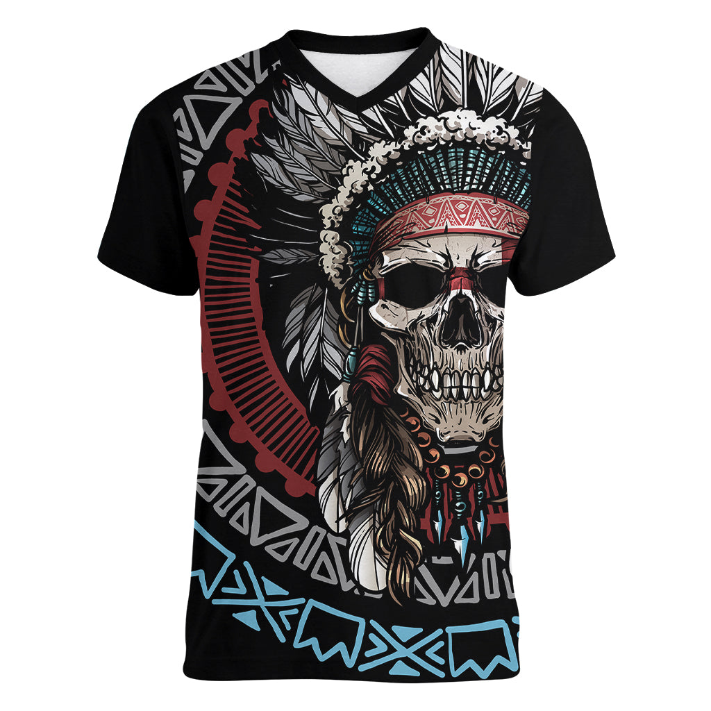 Native American Skull Women V Neck T Shirt American History Begins With Native History - Wonder Print Shop