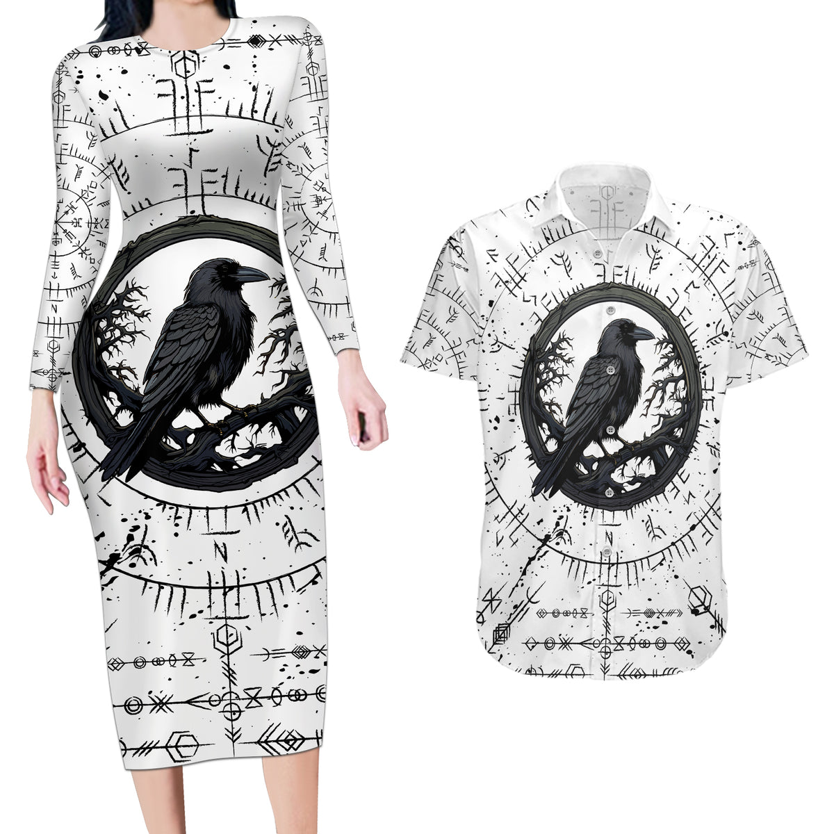 Viking Raven Couples Matching Long Sleeve Bodycon Dress and Hawaiian Shirt Fear Not Death For the Hour Of Your Doom - Wonder Print Shop