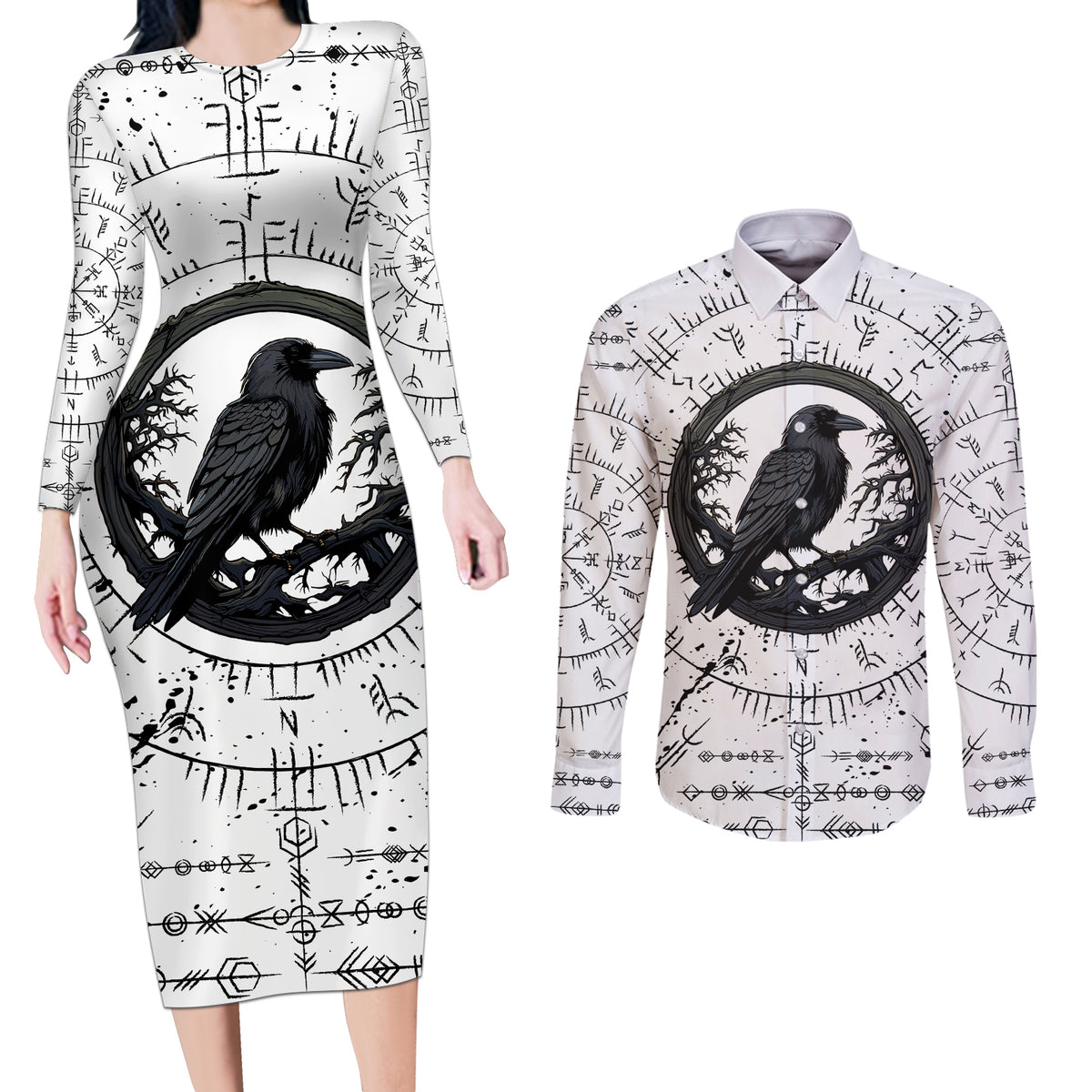 Viking Raven Couples Matching Long Sleeve Bodycon Dress and Long Sleeve Button Shirts Fear Not Death For the Hour Of Your Doom - Wonder Print Shop