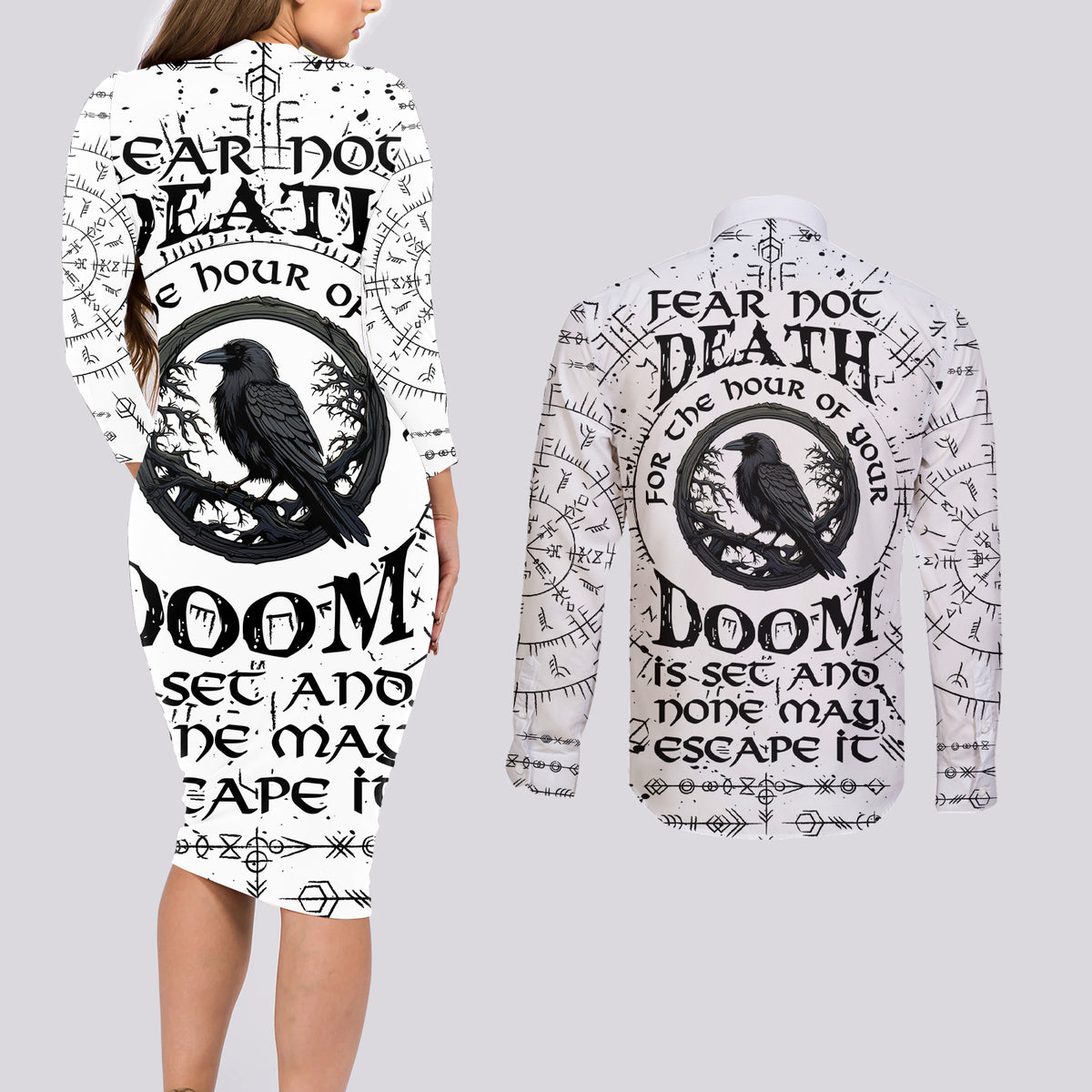 Viking Raven Couples Matching Long Sleeve Bodycon Dress and Long Sleeve Button Shirts Fear Not Death For the Hour Of Your Doom - Wonder Print Shop