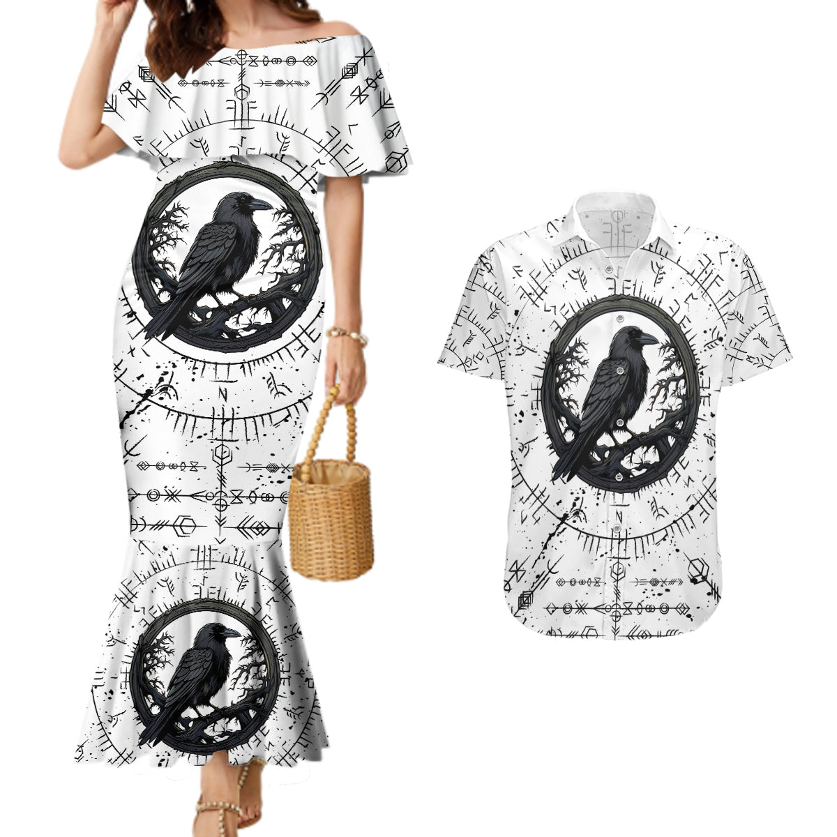 Viking Raven Couples Matching Mermaid Dress and Hawaiian Shirt Fear Not Death For the Hour Of Your Doom - Wonder Print Shop