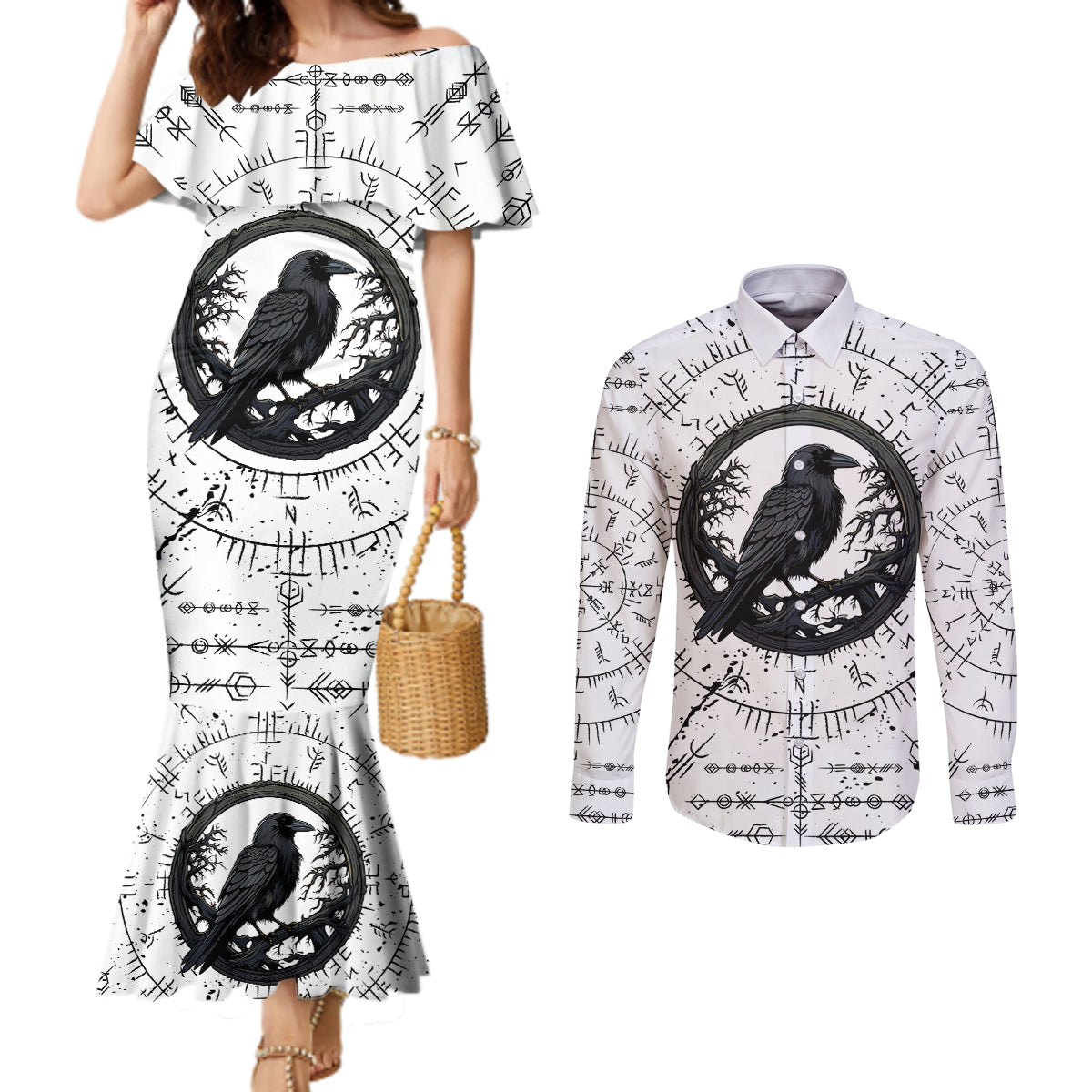 viking-raven-couples-matching-mermaid-dress-and-long-sleeve-button-shirts-fear-not-death-for-the-hour-of-your-doom