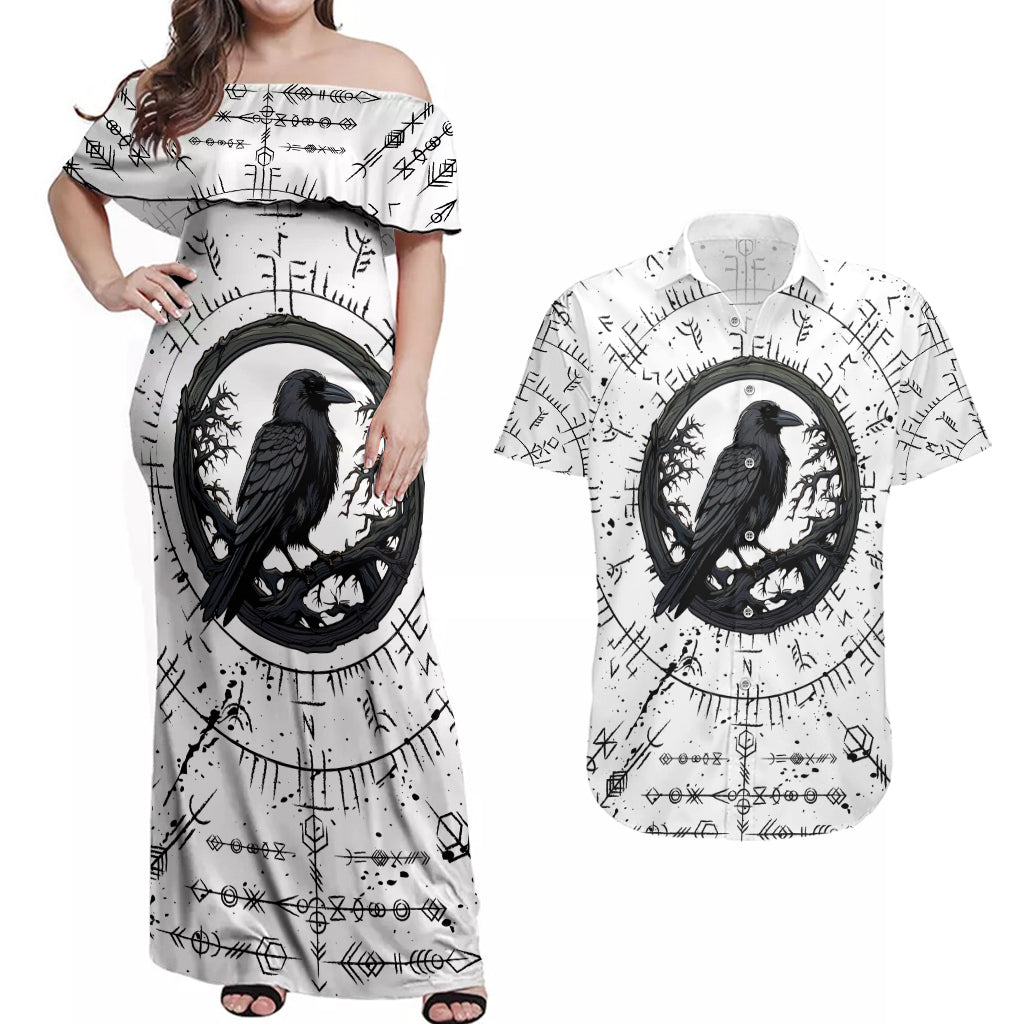 Viking Raven Couples Matching Off Shoulder Maxi Dress and Hawaiian Shirt Fear Not Death For the Hour Of Your Doom - Wonder Print Shop