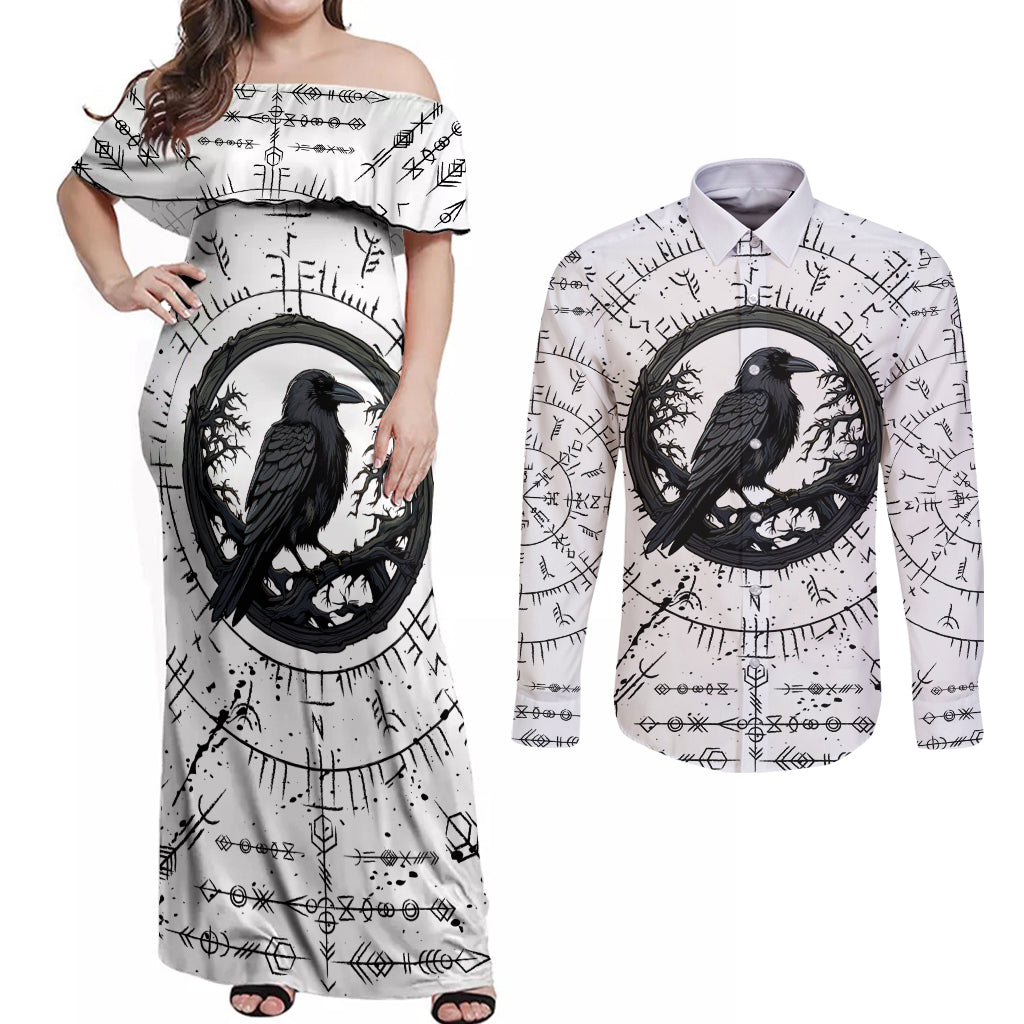 Viking Raven Couples Matching Off Shoulder Maxi Dress and Long Sleeve Button Shirts Fear Not Death For the Hour Of Your Doom - Wonder Print Shop
