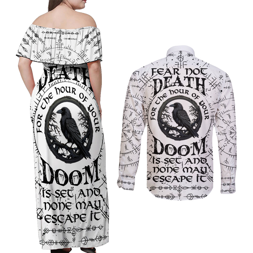 Viking Raven Couples Matching Off Shoulder Maxi Dress and Long Sleeve Button Shirts Fear Not Death For the Hour Of Your Doom - Wonder Print Shop