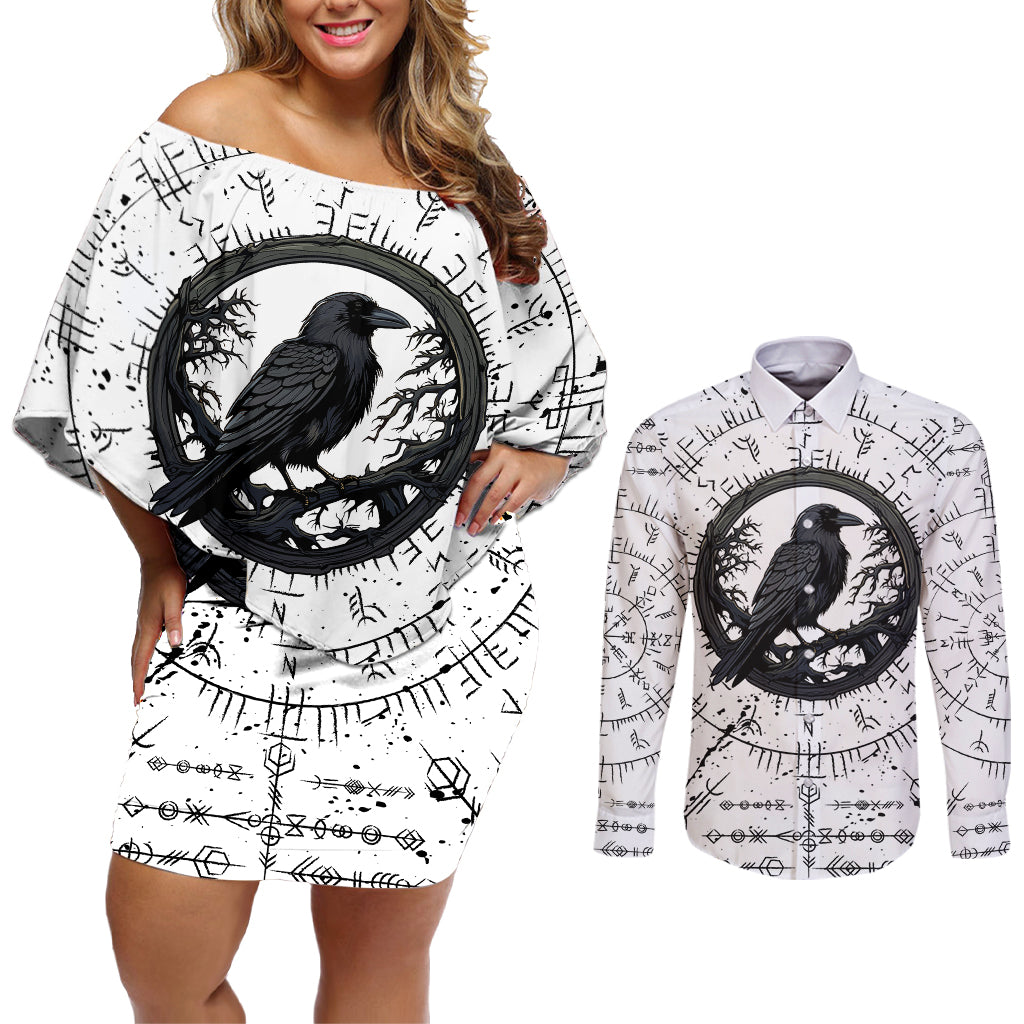 Viking Raven Couples Matching Off Shoulder Short Dress and Long Sleeve Button Shirts Fear Not Death For the Hour Of Your Doom - Wonder Print Shop