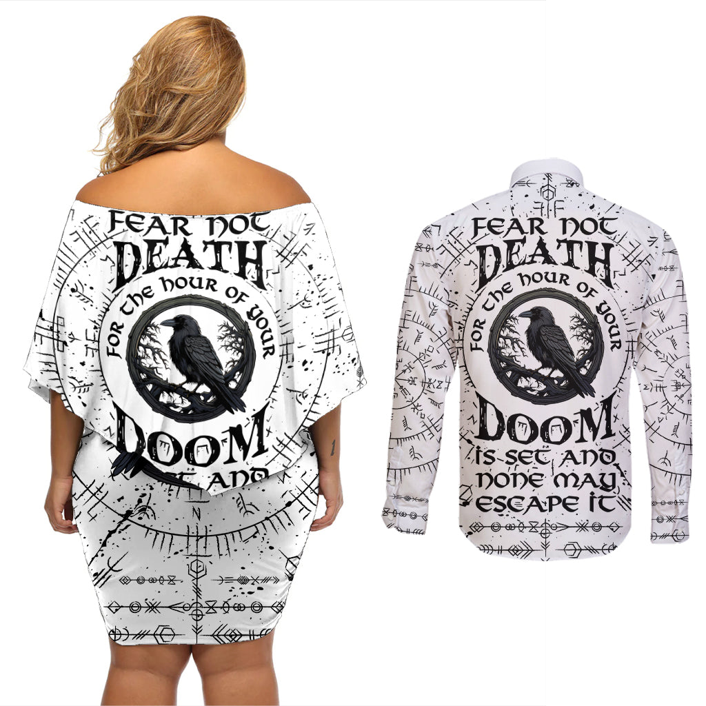 Viking Raven Couples Matching Off Shoulder Short Dress and Long Sleeve Button Shirts Fear Not Death For the Hour Of Your Doom - Wonder Print Shop