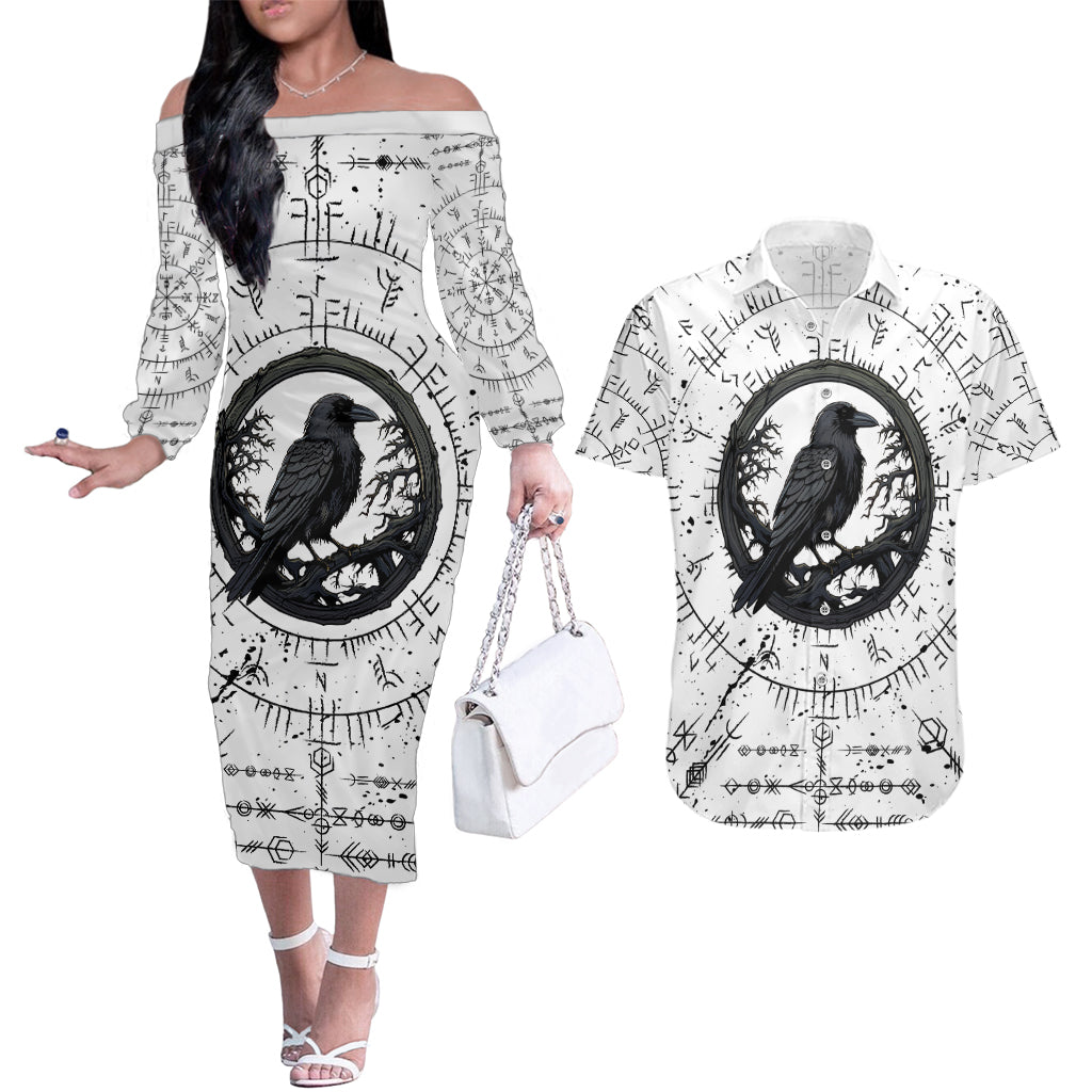 Viking Raven Couples Matching Off The Shoulder Long Sleeve Dress and Hawaiian Shirt Fear Not Death For the Hour Of Your Doom - Wonder Print Shop