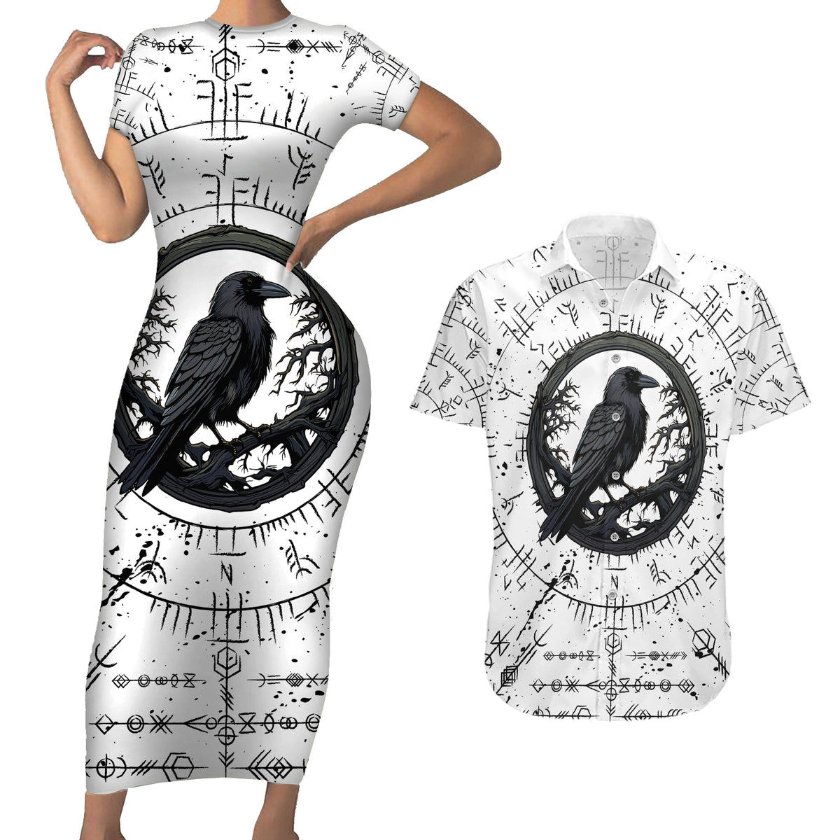 Viking Raven Couples Matching Short Sleeve Bodycon Dress and Hawaiian Shirt Fear Not Death For the Hour Of Your Doom - Wonder Print Shop