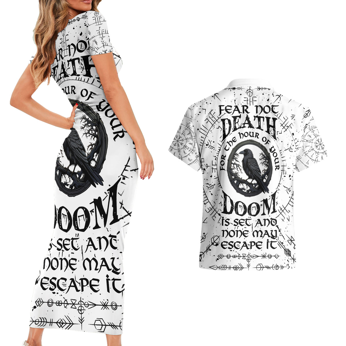 Viking Raven Couples Matching Short Sleeve Bodycon Dress and Hawaiian Shirt Fear Not Death For the Hour Of Your Doom - Wonder Print Shop