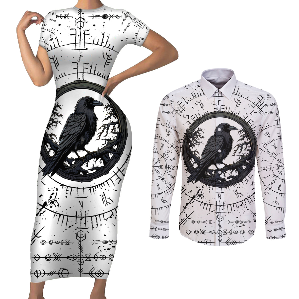 Viking Raven Couples Matching Short Sleeve Bodycon Dress and Long Sleeve Button Shirts Fear Not Death For the Hour Of Your Doom - Wonder Print Shop