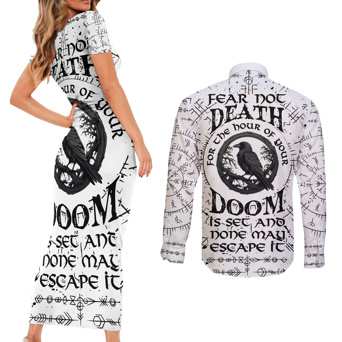 Viking Raven Couples Matching Short Sleeve Bodycon Dress and Long Sleeve Button Shirts Fear Not Death For the Hour Of Your Doom - Wonder Print Shop