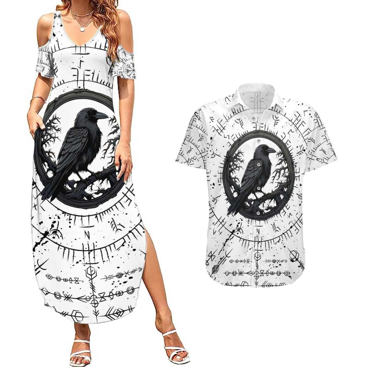 Viking Raven Couples Matching Summer Maxi Dress and Hawaiian Shirt Fear Not Death For the Hour Of Your Doom - Wonder Print Shop