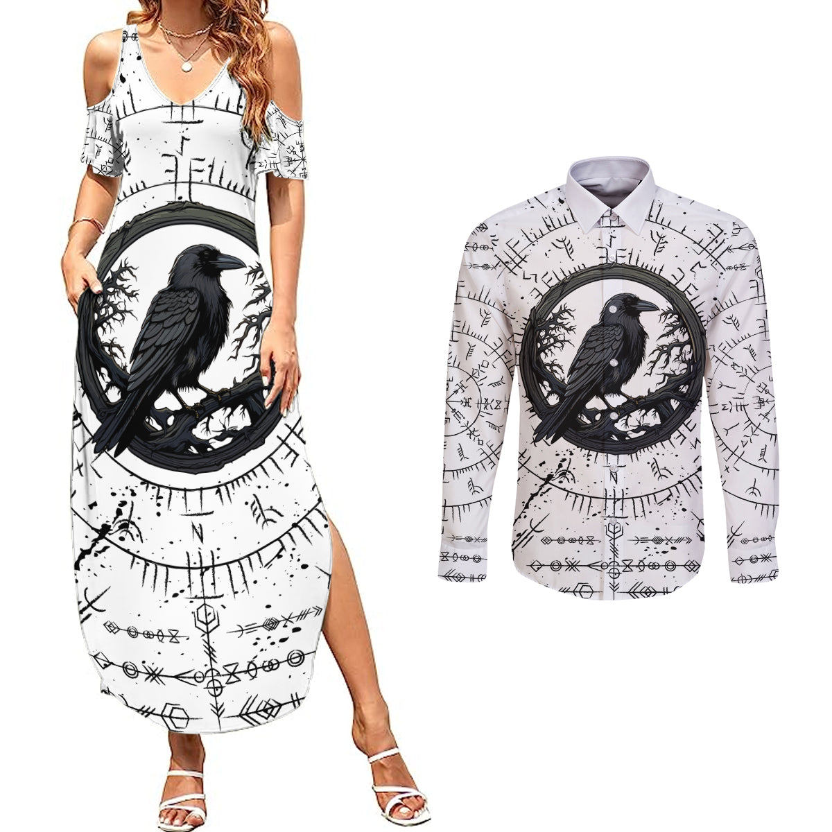 Viking Raven Couples Matching Summer Maxi Dress and Long Sleeve Button Shirts Fear Not Death For the Hour Of Your Doom - Wonder Print Shop