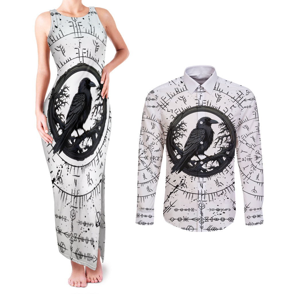 Viking Raven Couples Matching Tank Maxi Dress and Long Sleeve Button Shirts Fear Not Death For the Hour Of Your Doom - Wonder Print Shop
