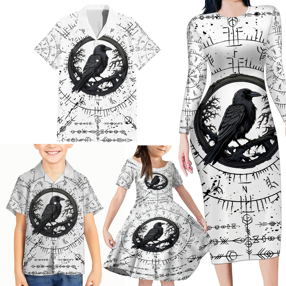 Viking Raven Family Matching Long Sleeve Bodycon Dress and Hawaiian Shirt Fear Not Death For the Hour Of Your Doom - Wonder Print Shop